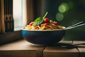 ein Schüssel von Pasta mit Erdbeeren und Basilikum Blätter. KI-generiert foto