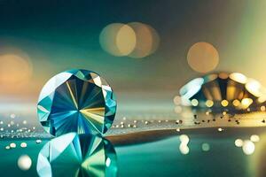 ein Diamant ist gezeigt auf ein Tabelle mit ein Licht leuchtenden auf Es. KI-generiert foto