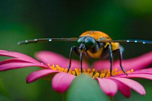 ein schließen oben von ein Libelle auf ein Rosa Blume. KI-generiert foto