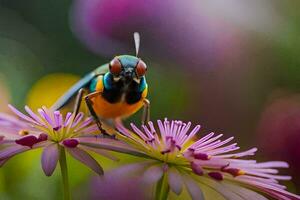 ein bunt Insekt ist Sitzung auf oben von ein Blume. KI-generiert foto