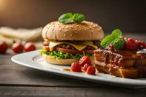 ein Hamburger und ein Scheibe von Kuchen auf ein Platte. KI-generiert foto