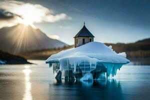 ein Kirche auf ein Eisberg im das Mitte von ein See. KI-generiert foto