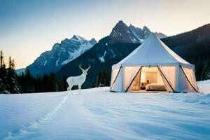 ein Zelt im das Schnee mit ein Hirsch Stehen im Vorderseite von Es. KI-generiert foto