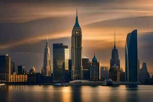 das Horizont von Neu York Stadt beim Sonnenuntergang. KI-generiert foto