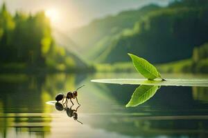 zwei Ameisen Gehen auf ein Blatt im ein See. KI-generiert foto