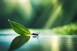 ein Fehler Sitzung auf ein Blatt im das Wasser. KI-generiert foto