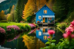 ein Blau Haus sitzt auf das Kante von ein Teich. KI-generiert foto