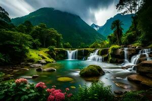 schön Wasserfall im das Urwald mit Blumen und Bäume. KI-generiert foto