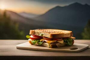 ein Sandwich auf ein hölzern Tafel mit Berge im das Hintergrund. KI-generiert foto