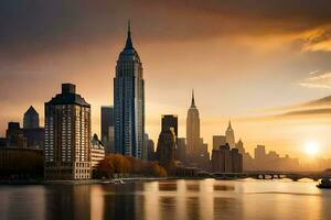 das Sonne setzt Über das Stadt Horizont im Neu York. KI-generiert foto