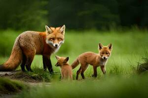 ein Mutter Fuchs und ihr zwei Jungen im das Gras. KI-generiert foto