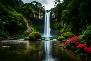 ein Wasserfall im das Mitte von ein üppig Wald. KI-generiert foto