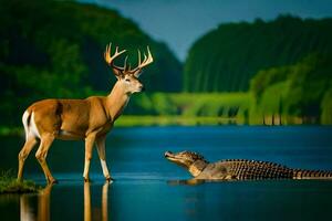 ein Hirsch und ein Alligator im ein See. KI-generiert foto