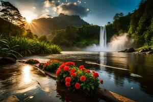 Blumen im das Wasser, Wasserfall, Sonnenuntergang, Blumen, Wasser, Wasserfall, Blumen, Wasser. KI-generiert foto