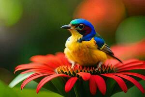 ein bunt Vogel sitzt auf oben von ein rot Blume. KI-generiert foto