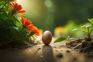 ein Ei ist Stehen im das Mitte von ein Feld mit Blumen. KI-generiert foto