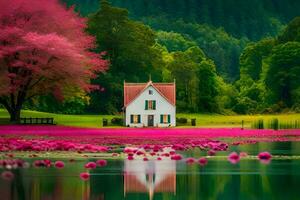 ein Haus sitzt auf ein See umgeben durch Rosa Blumen. KI-generiert foto
