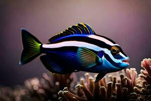 ein Fisch mit Blau und schwarz Streifen ist Schwimmen im das Ozean. KI-generiert foto