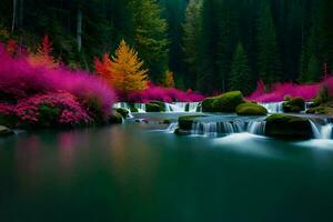 ein schön Fluss mit Rosa Blumen und Bäume. KI-generiert foto