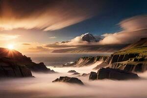 ein schön Sonnenuntergang Über das Ozean mit Felsen und Wolken. KI-generiert foto