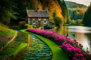 ein Haus sitzt auf das Kante von ein See umgeben durch Blumen. KI-generiert foto