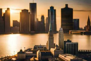 ein Stadt Horizont ist gesehen im das Entfernung beim Sonnenuntergang. KI-generiert foto