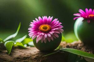 zwei Rosa Blumen sind Sitzung im zwei Grün Eier. KI-generiert foto