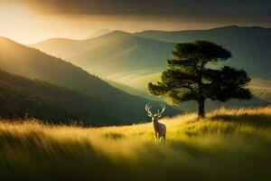 ein Hirsch steht im das Mitte von ein Feld mit Berge im das Hintergrund. KI-generiert foto