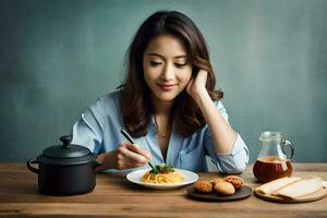 ein Frau ist Essen Essen im Vorderseite von ein Tisch. KI-generiert foto