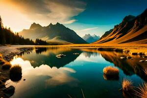 das Berge sind reflektiert im das Wasser beim Sonnenuntergang. KI-generiert foto