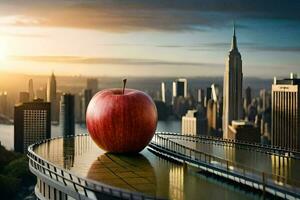 ein Apfel sitzt auf oben von ein Brücke mit Blick auf ein Stadt. KI-generiert foto