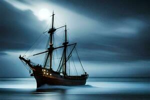 ein Segeln Schiff im das Ozean beim Nacht. KI-generiert foto