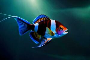 ein Fisch mit hell Farben Schwimmen im das dunkel. KI-generiert foto