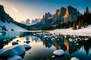 ein See umgeben durch Schnee und Felsen. KI-generiert foto