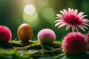 ein Ei ist Sitzung auf oben von etwas Blumen. KI-generiert foto