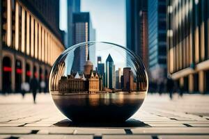 ein Stadt im ein Glas Ball auf das Straße. KI-generiert foto