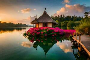 ein klein Hütte sitzt auf das Wasser mit Rosa Blumen. KI-generiert foto