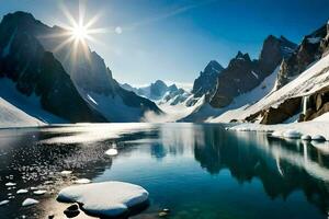 das Sonne scheint Über ein See im das Berge. KI-generiert foto