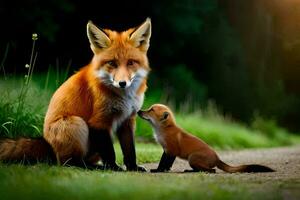 ein Mutter Fuchs und ihr Jungen sind Stehen auf das Straße. KI-generiert foto