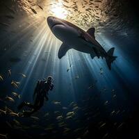 symbiotisch Begegnung generativ ai vereint Hai und Taucher foto
