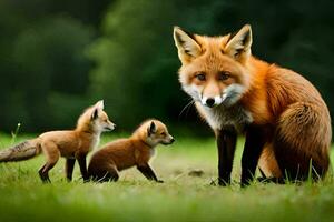 ein Mutter Fuchs und ihr zwei Jungen im das Gras. KI-generiert foto