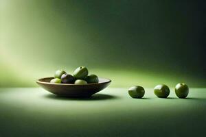Oliven im ein hölzern Schüssel auf ein Grün Hintergrund. KI-generiert foto