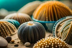 ein Gruppe von Muscheln und andere Objekte auf das Sand. KI-generiert foto