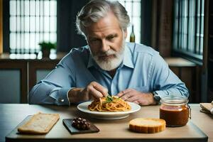 ein älter Mann Essen Spaghetti im Vorderseite von ein Tisch. KI-generiert foto