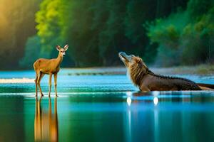 ein Hirsch und ein Pferd im das Wasser. KI-generiert foto
