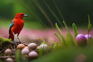 ein rot Vogel ist Stehen auf oben von etwas Eier. KI-generiert foto