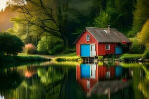 ein rot Haus sitzt auf das Kante von ein See. KI-generiert foto