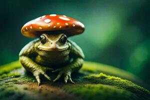 ein Frosch mit ein rot Pilz auf es ist Kopf. KI-generiert foto