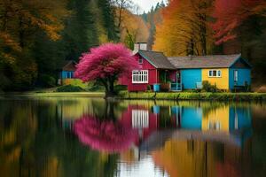 bunt Haus durch das See mit Bäume und Bäume. KI-generiert foto