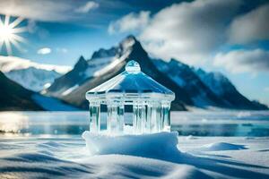 ein klein Glas Haus sitzt auf oben von ein schneebedeckt Berg. KI-generiert foto